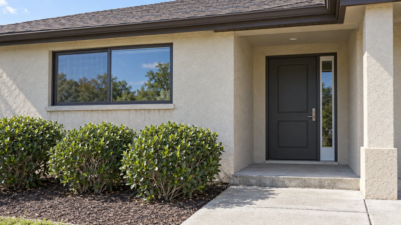 Sunlit sand-colored stucco home with a shaded charcoal front door, dark-framed window and rounded cocoplum shrubs beside a concrete approach.
