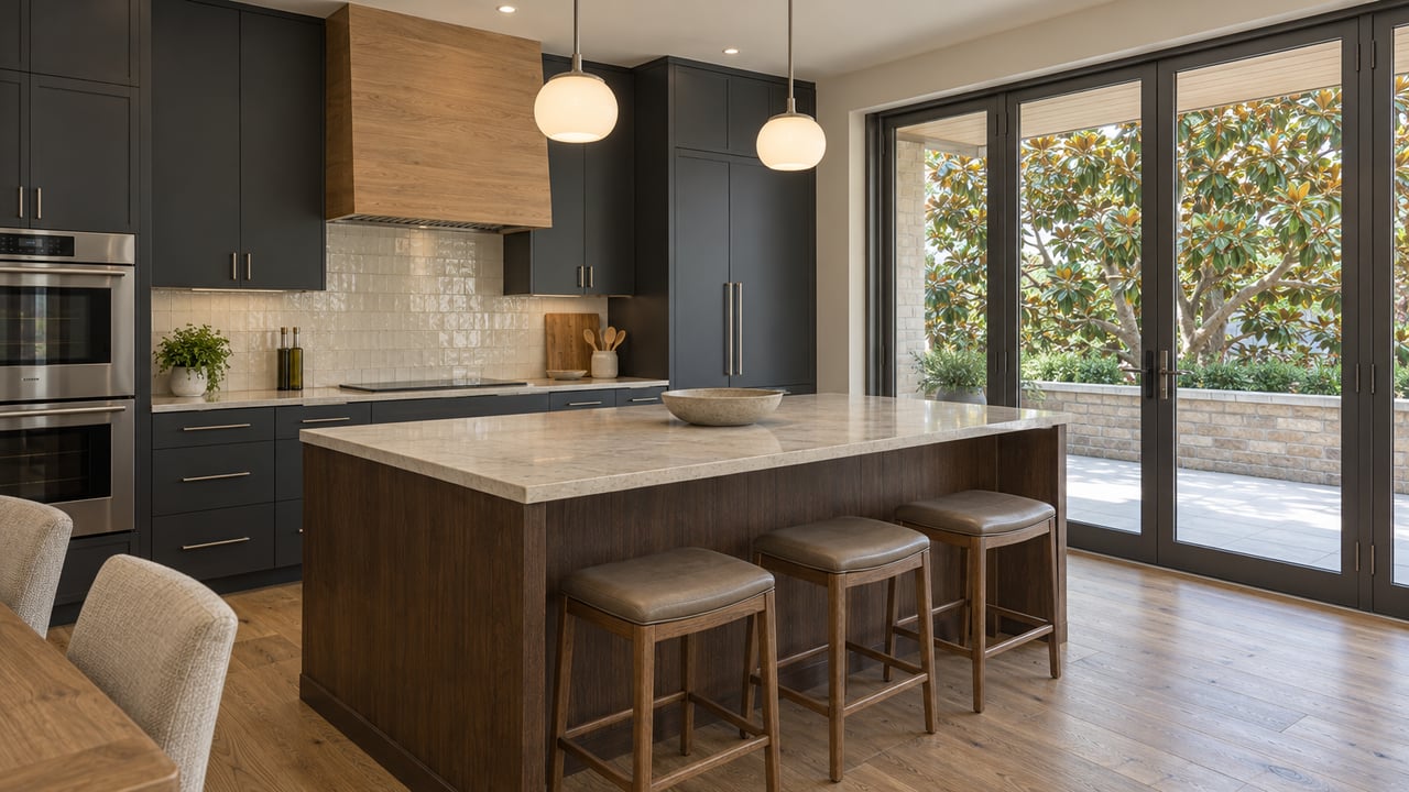 Charcoal cabinetry and a white-oak range hood in a sunlit kitchen, with closed glass doors overlooking a covered terrace and magnolia.