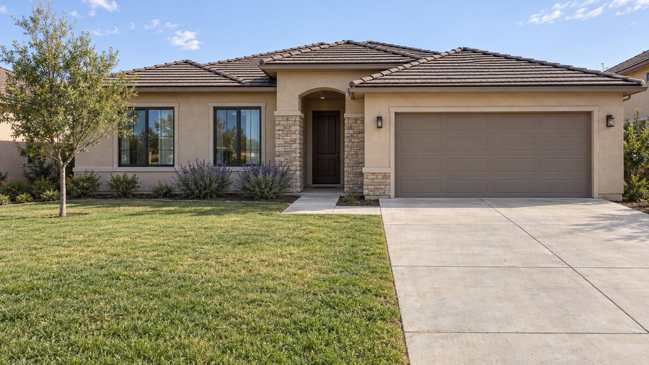 Single-story stucco home with a stone-trimmed arched entry, dark tiled roof, broad concrete driveway and deep front lawn.