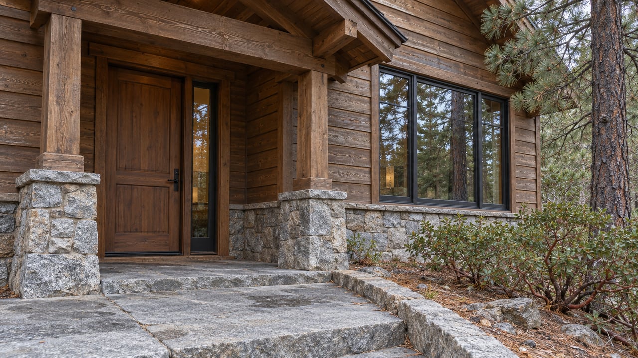 Heavy timber entrance with granite piers and a stone approach beside a mature pine and red-stemmed shrubs.