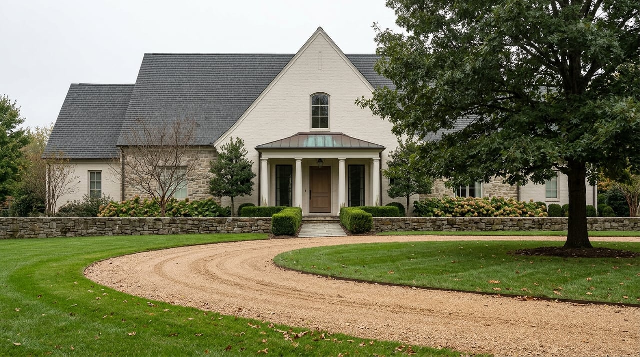 Stone-and-brick estate beyond a broad lawn, with a curving gravel drive, low stone wall, and mature oak.