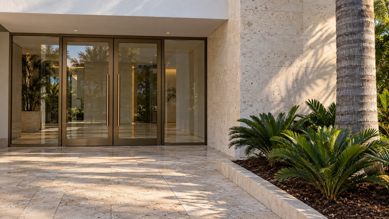 Sunlit condominium entrance with bronze-framed glass doors, pale limestone paving, a white canopy and a palm in a raised planting island.