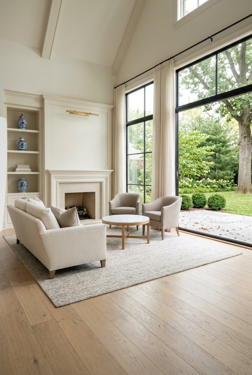 Bright living room with a fireplace, cream seating, and floor-to-ceiling windows overlooking a leafy garden.