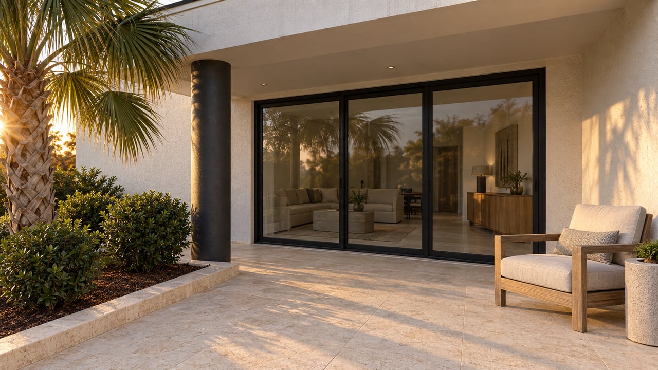 Sunset light across a pale stone terrace beside a white stucco home, closed black-framed sliding doors, a teak chair and a mature palm.