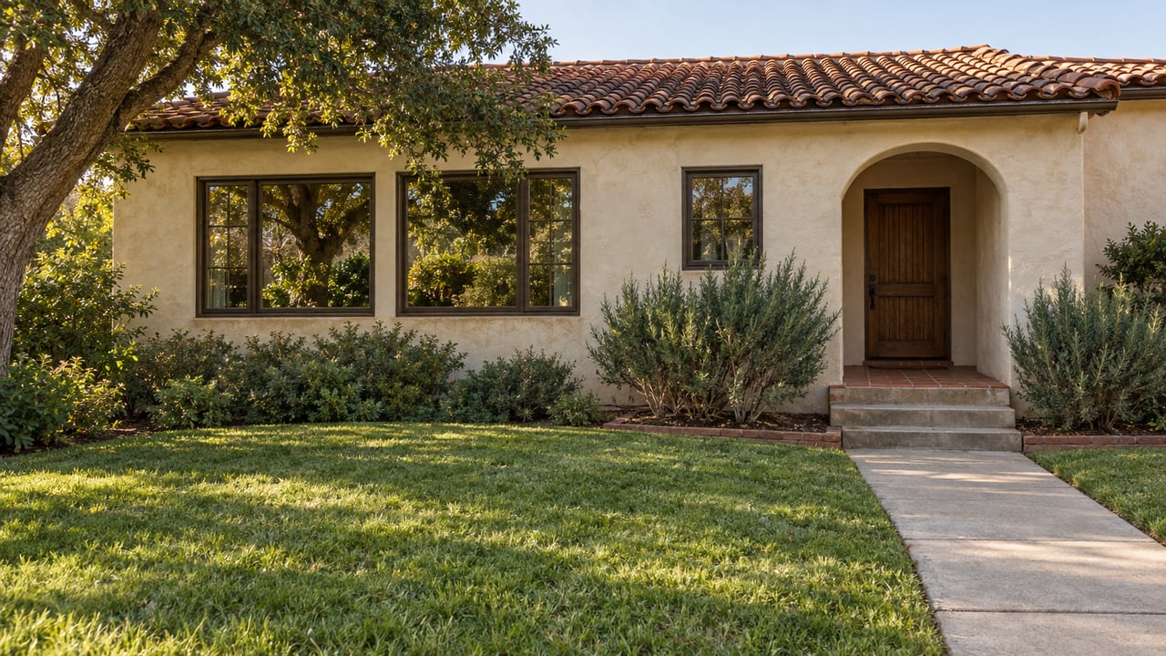 Pale stucco home with a red clay tile roof, arched entry, mature oak, and a deep front lawn in afternoon sunlight.