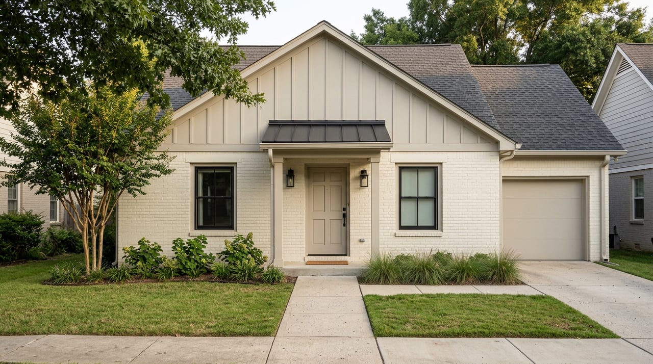 Modern ivory brick house with a greige gable, black roof and windows, front walk, lawn, and flowering foundation plants.