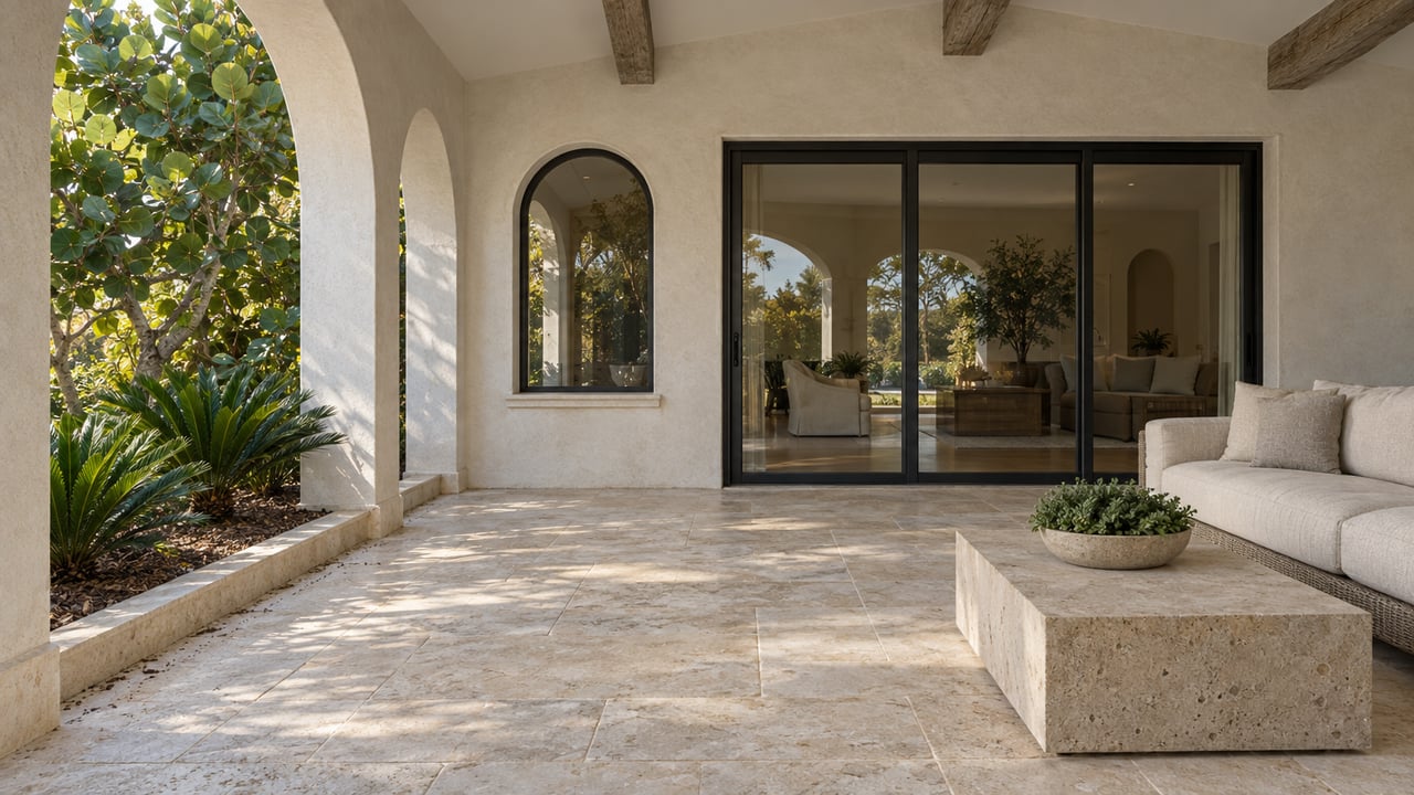 Covered terrace with cream limestone paving, white stucco arches, an ivory outdoor sofa and black-framed glass doors.