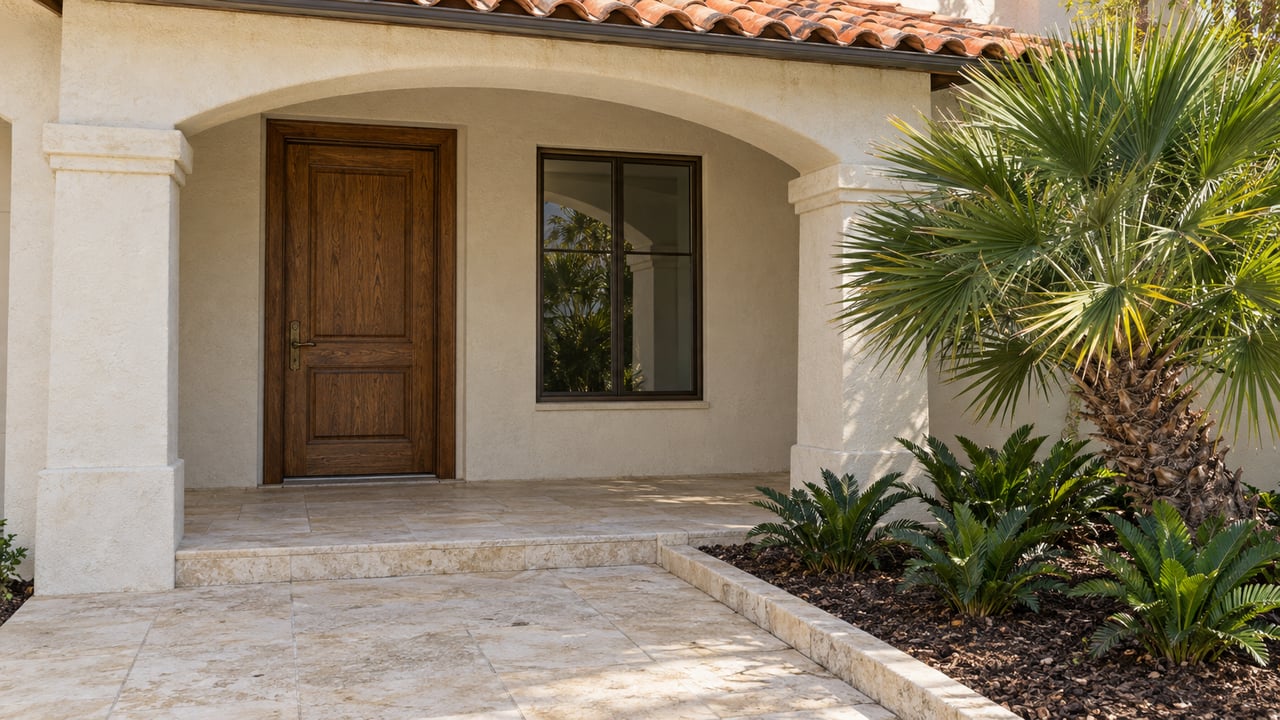 Cream stucco home entry with a terracotta roof, oak door, limestone walk and sculptural fan palm planting.