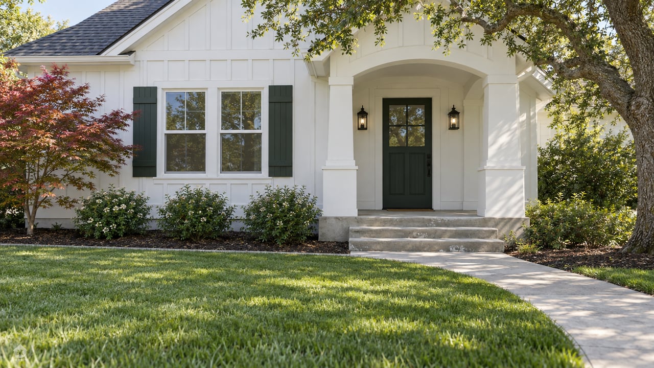 White house with dark green shutters, an arched entry, and a broad front lawn.