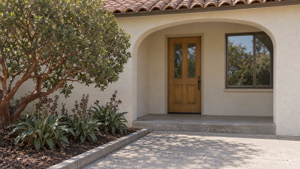 Cream stucco home with an arched porch, oak front door and bronze-framed window beside a manzanita and concrete garden path.
