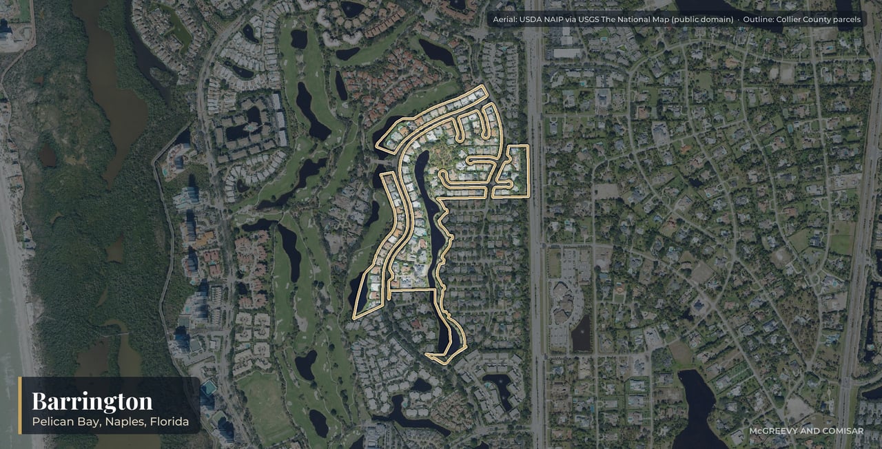 Aerial view of Barrington at Pelican Bay, Naples, Florida, with its parcels outlined
