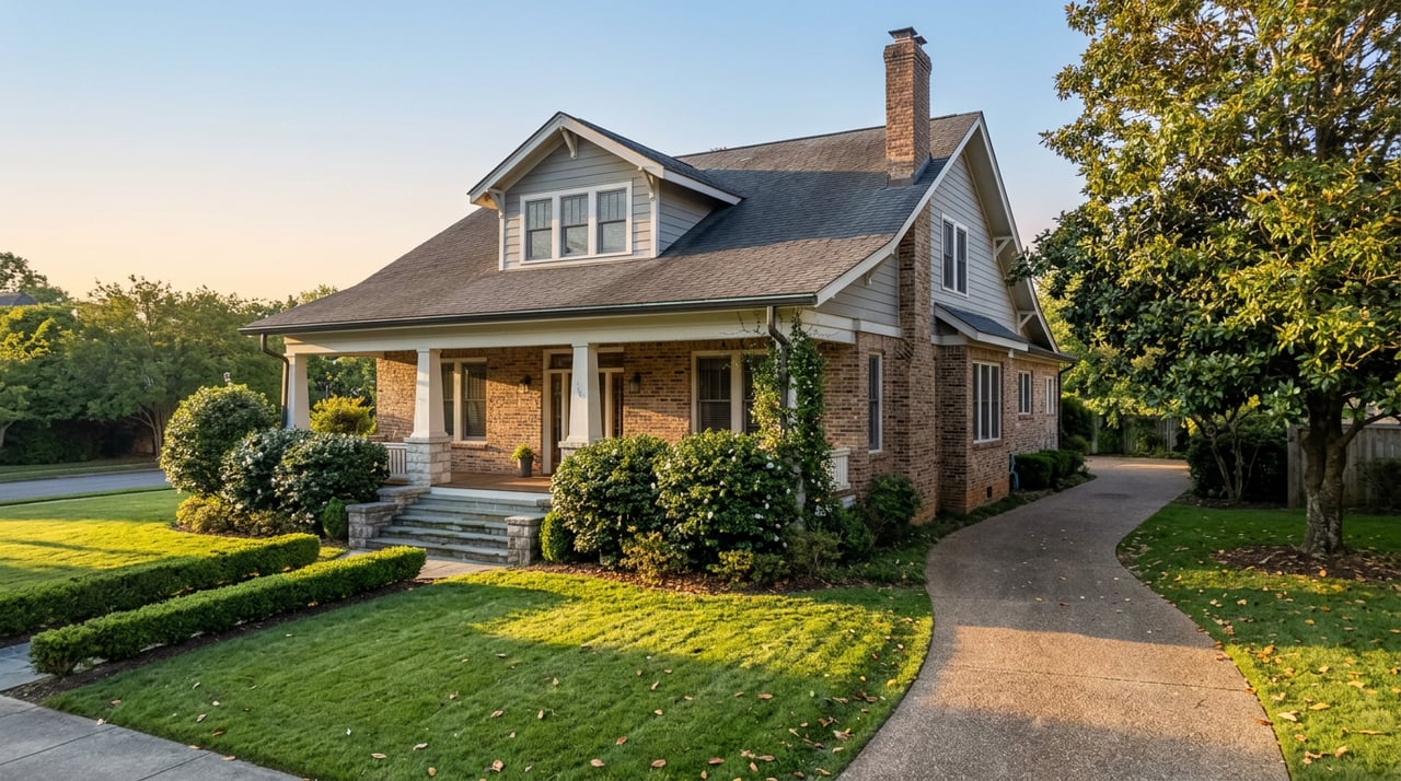 Two-story brick-and-stone home with a covered porch, curved driveway, deep lawn, and mature magnolia tree.