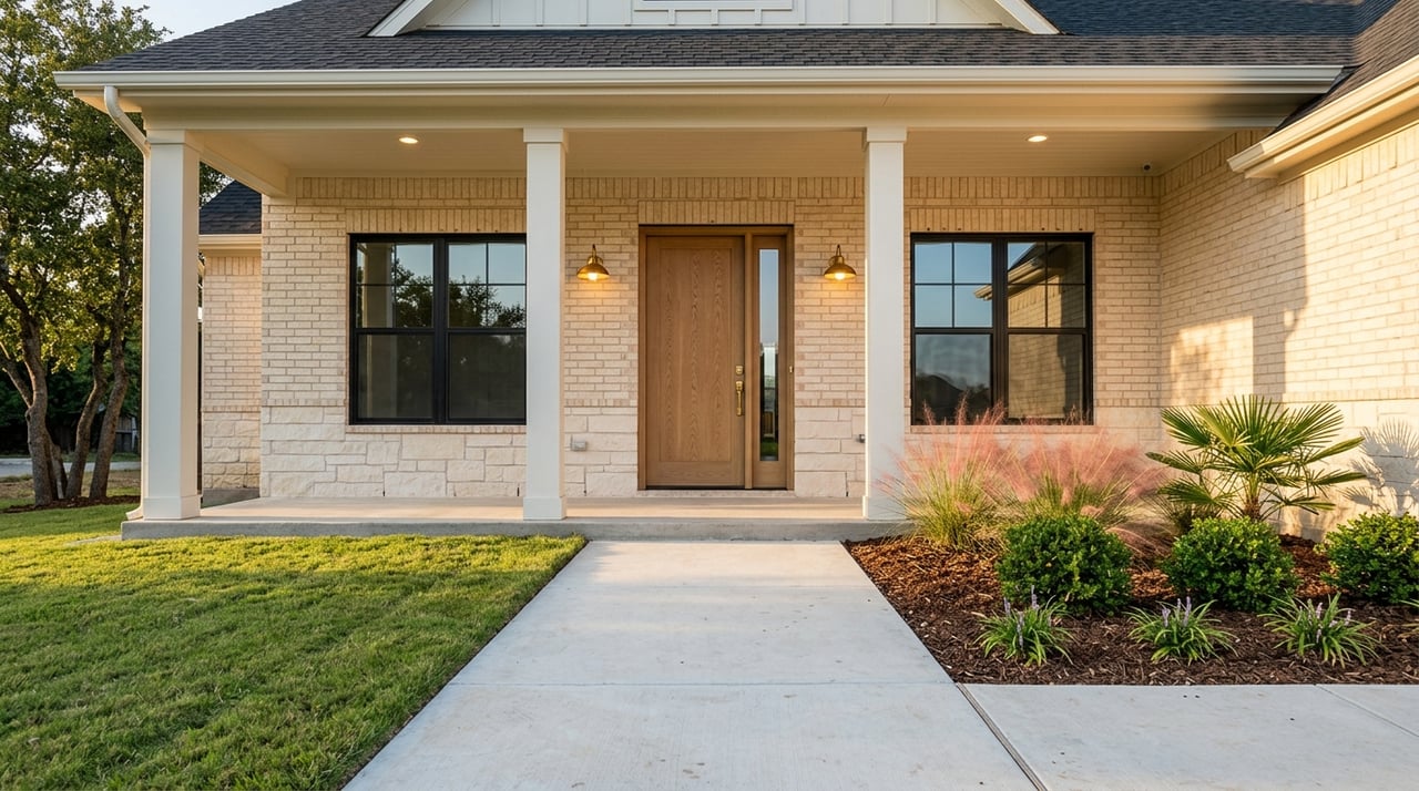 Home entry with oak door, cream brick, black windows, brass sconces, and ornamental grasses.