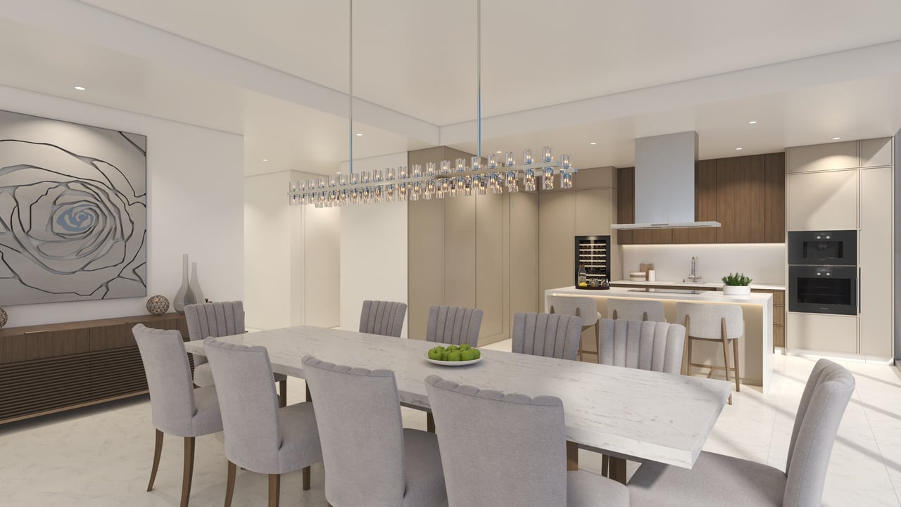Ocean 580 residence kitchen rendering with cabinetry and an island.