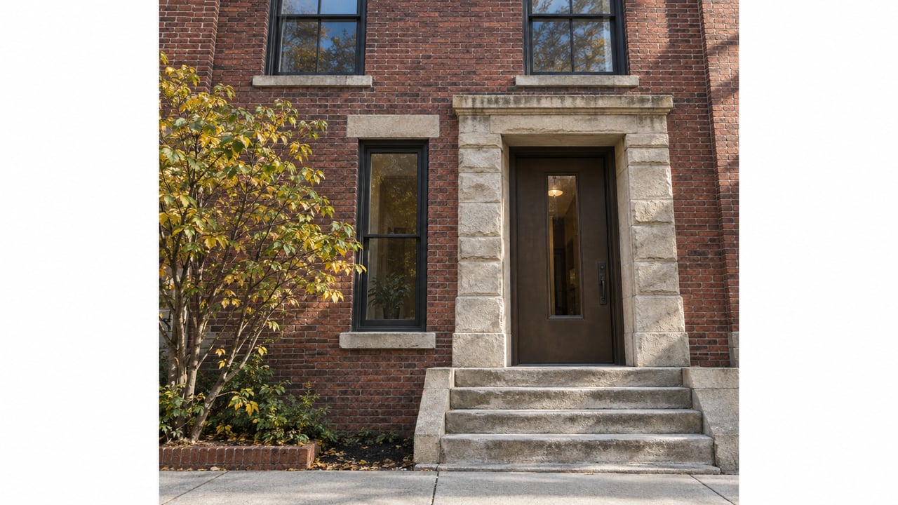Red-brick residential facade with stone-trimmed doorway, limestone stoop, and yellowing witch hazel leaves.