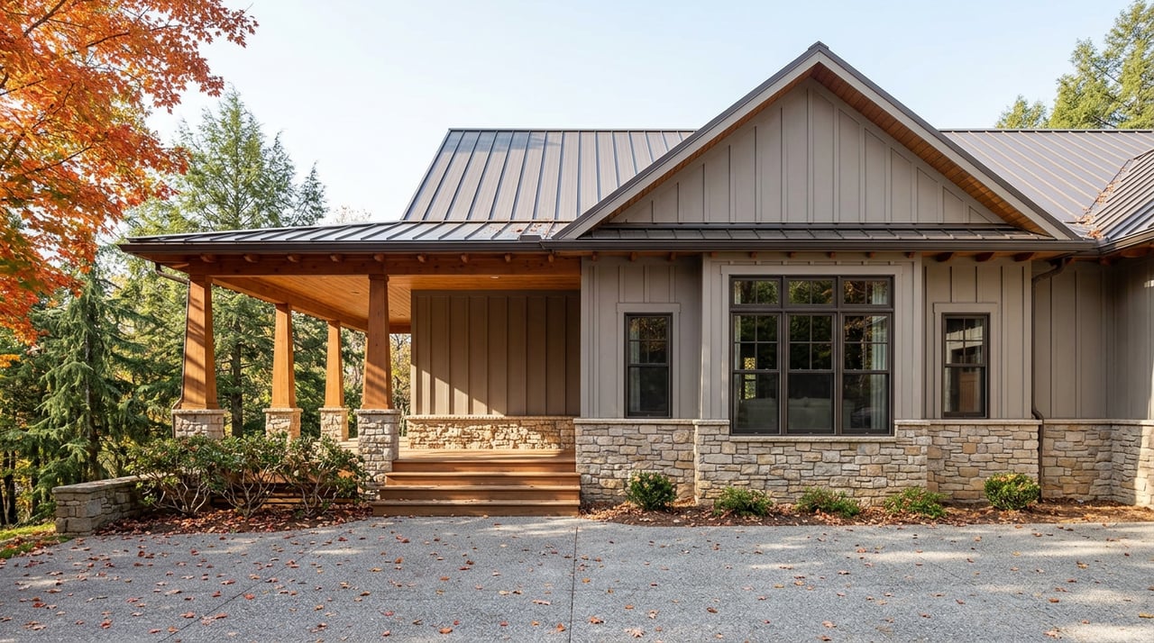 Craftsman home with gray siding, stone base, cedar porch, orange maple, and leaf-strewn driveway.