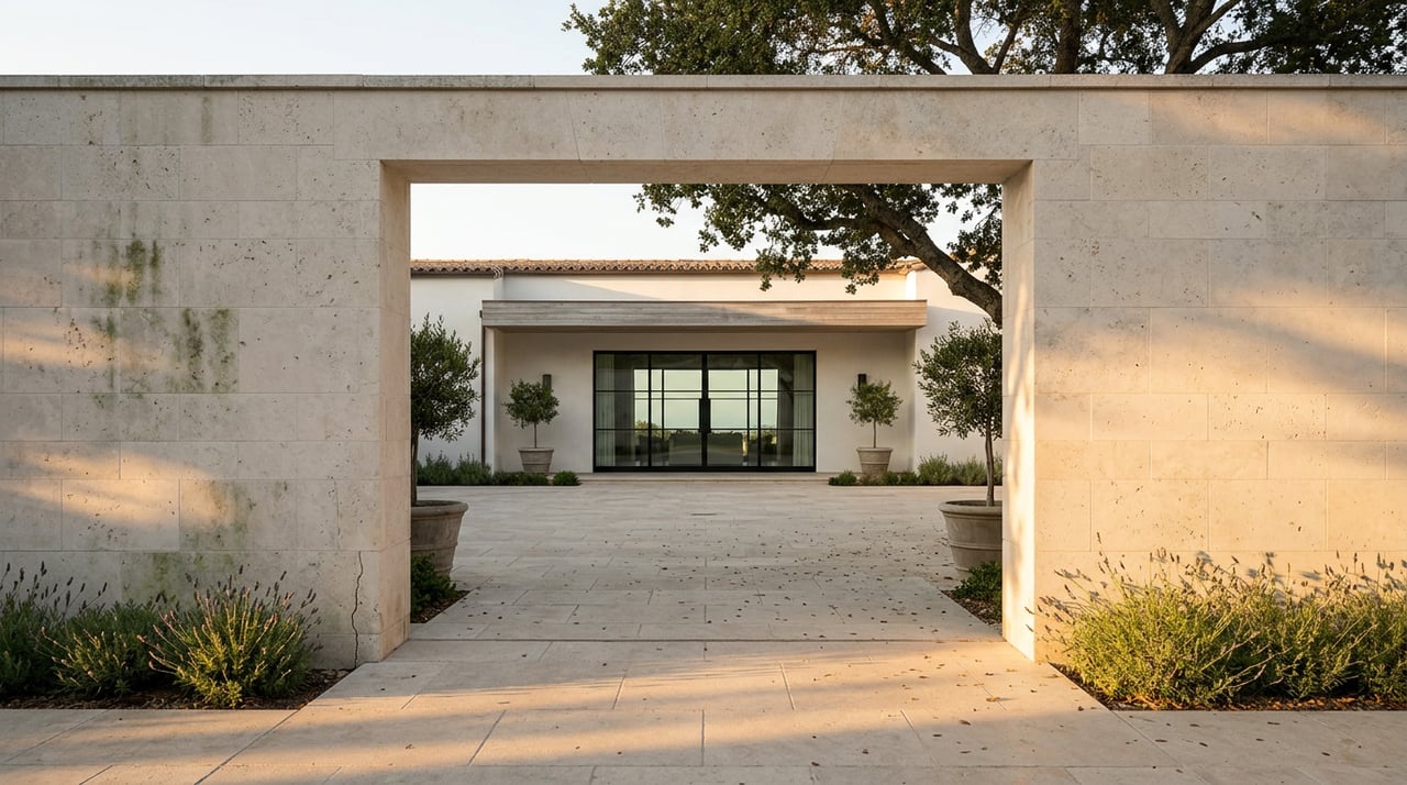 Stone archway frames a spacious travertine motor court, white stucco home, and olive trees.