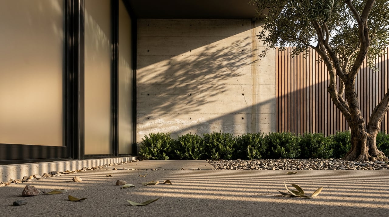 Board-formed concrete meets black-framed glass beside a weathered walnut screen, olive tree, and clipped hedge.