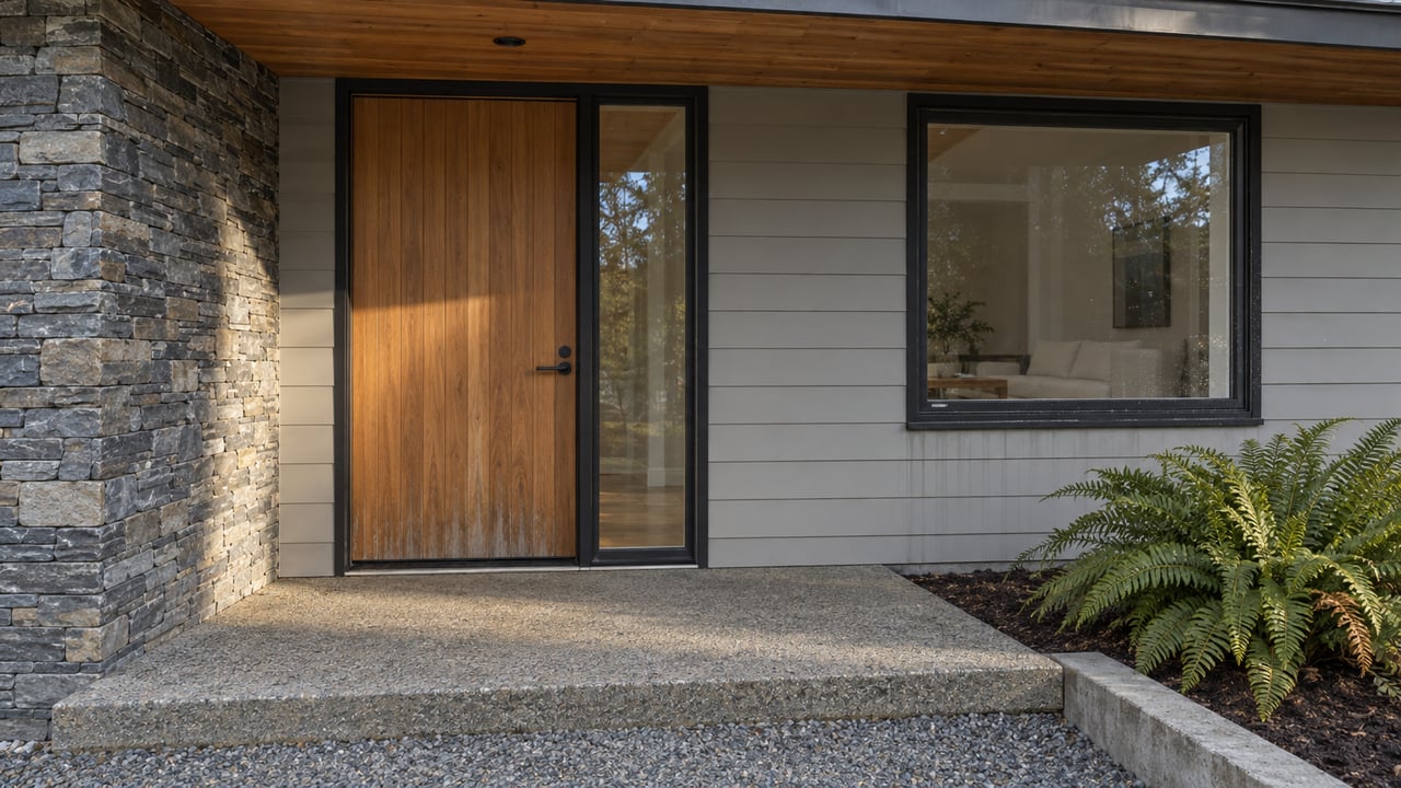 Sheltered home entrance with a cedar door, gray stone return, pale siding and a sword fern beside a concrete landing.