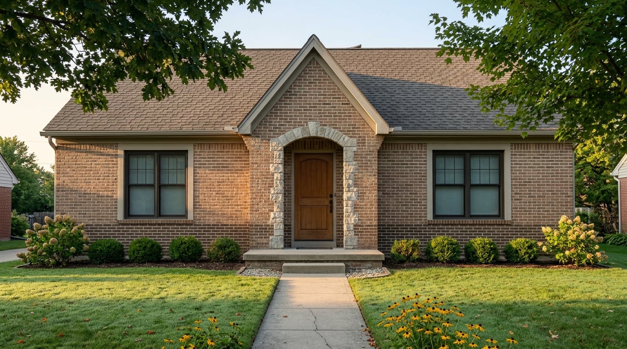 Brick house with a stone-arched entry, matching windows, and a concrete walk across a dew-covered lawn.