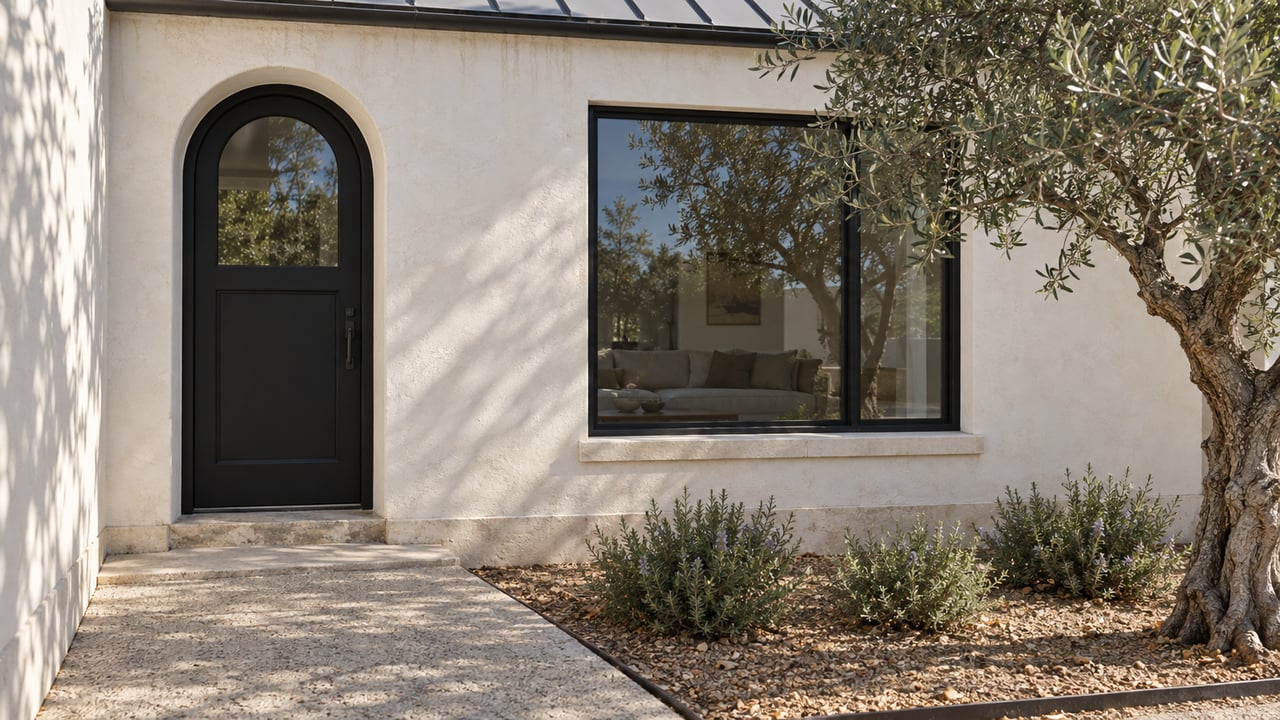 Compact plaster house with a black arched door, glazed window, olive tree, and rosemary in a small front court.