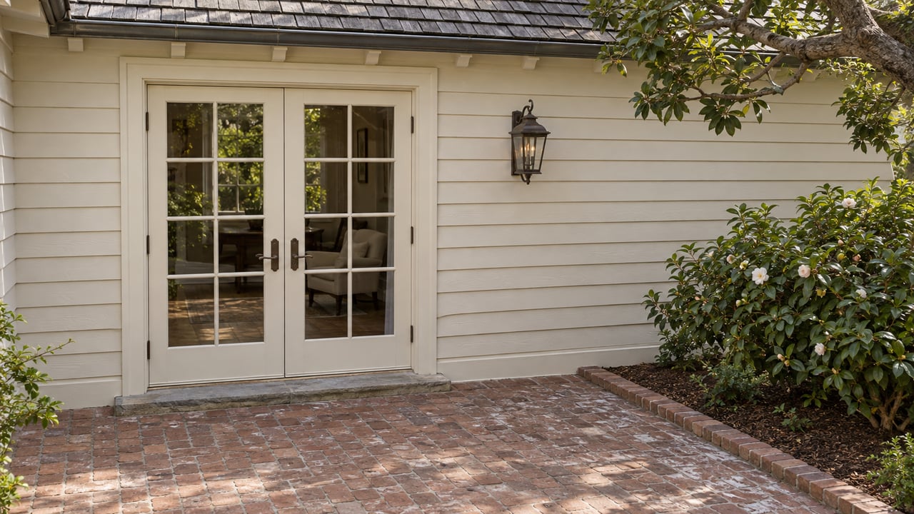 Cream-painted home opening onto a weathered brick courtyard, with paired glazed doors and a camellia beside the paving.