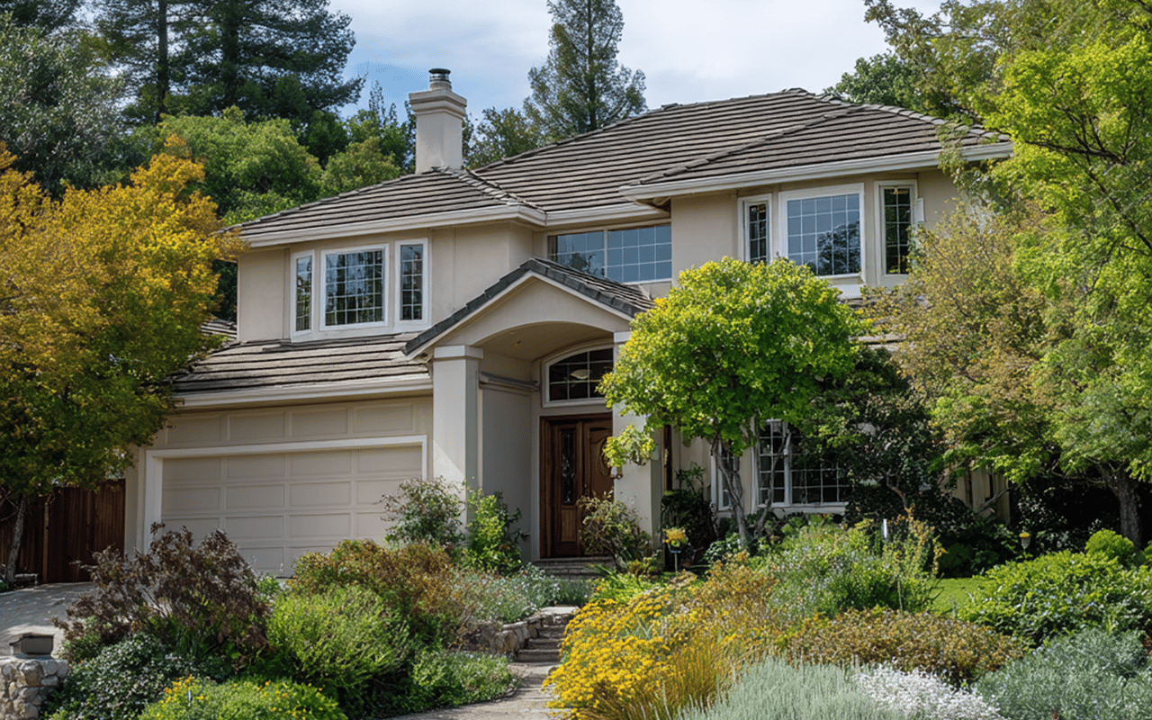 Two-story home with an arched entry, attached garage, and lush flowering landscaping.