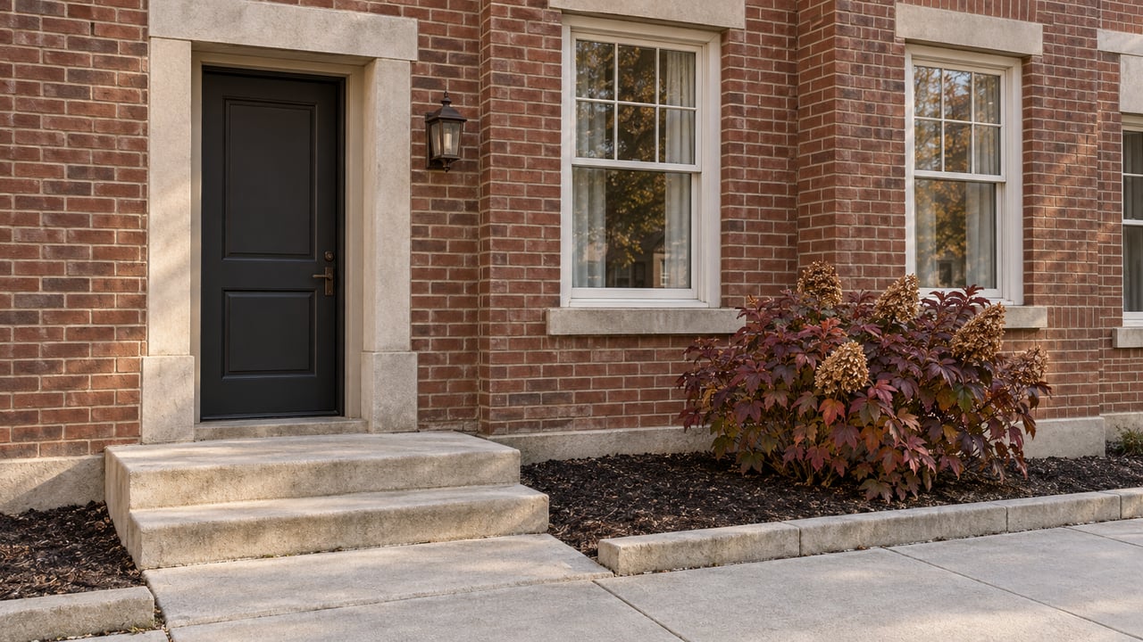 Russet brick townhouse entrance with limestone steps, white divided-pane windows and burgundy oakleaf hydrangea beside a clear sidewalk.
