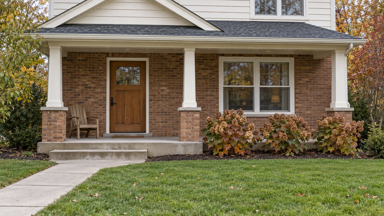 Covered brick front porch with cream columns, an oak door and chair, autumn oakleaf hydrangeas, and a concrete path across the lawn.