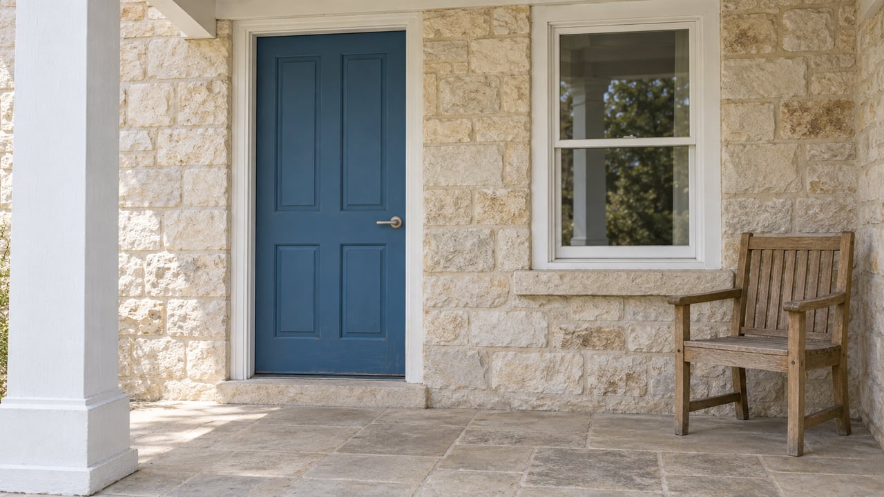 A blue paneled front door and white sash window in a pale limestone wall, with a weathered oak chair on a covered stone porch.