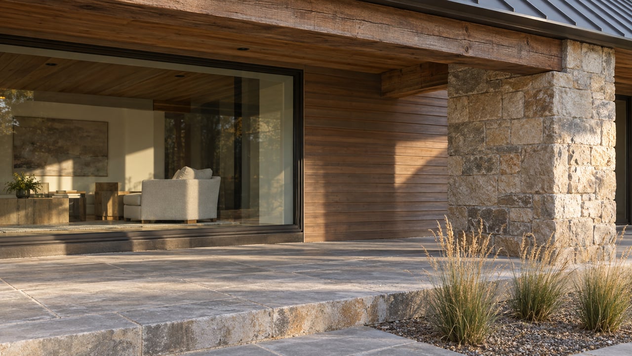Covered terrace with a checked timber beam, sandstone pier, cedar siding and a bronze-framed picture window above gray stone paving.