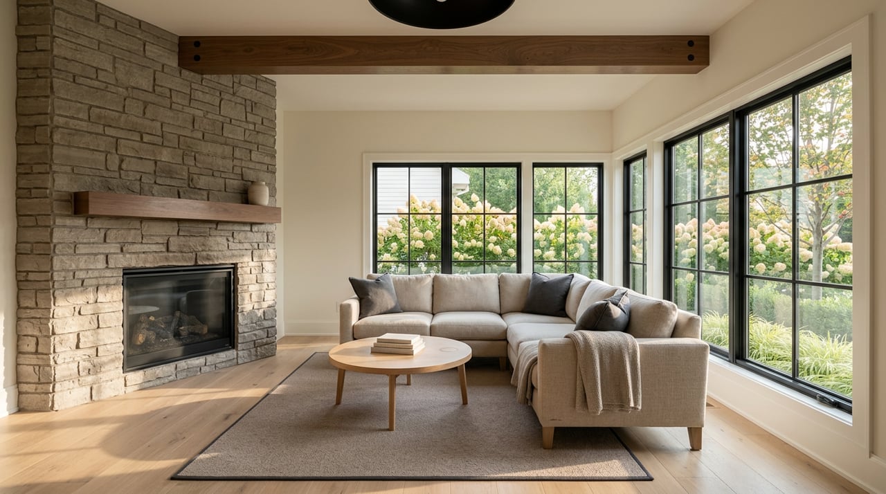Great room with stacked-stone fireplace, oatmeal sectional, round coffee table, and black-mullioned window overlooking shrubs.