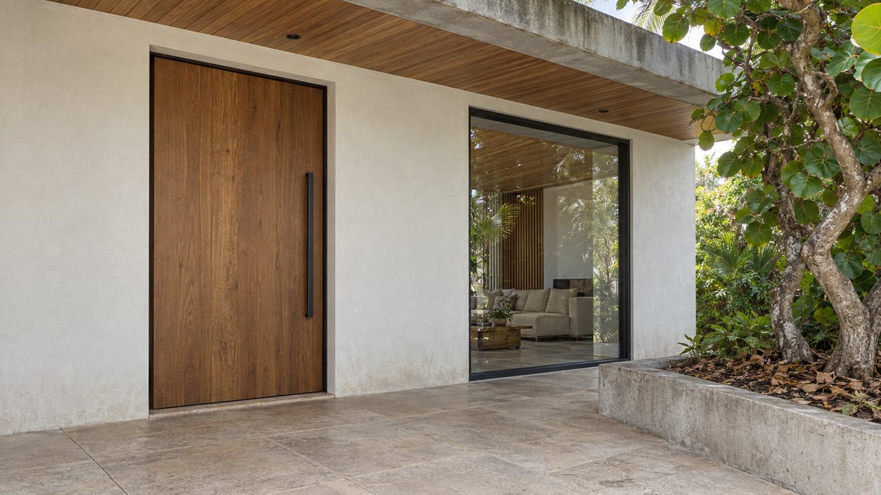 Contemporary home entry with a wood pivot door, shaded stone terrace, dark-framed glazing, and a sculptural sea grape tree in a raised concrete planter.