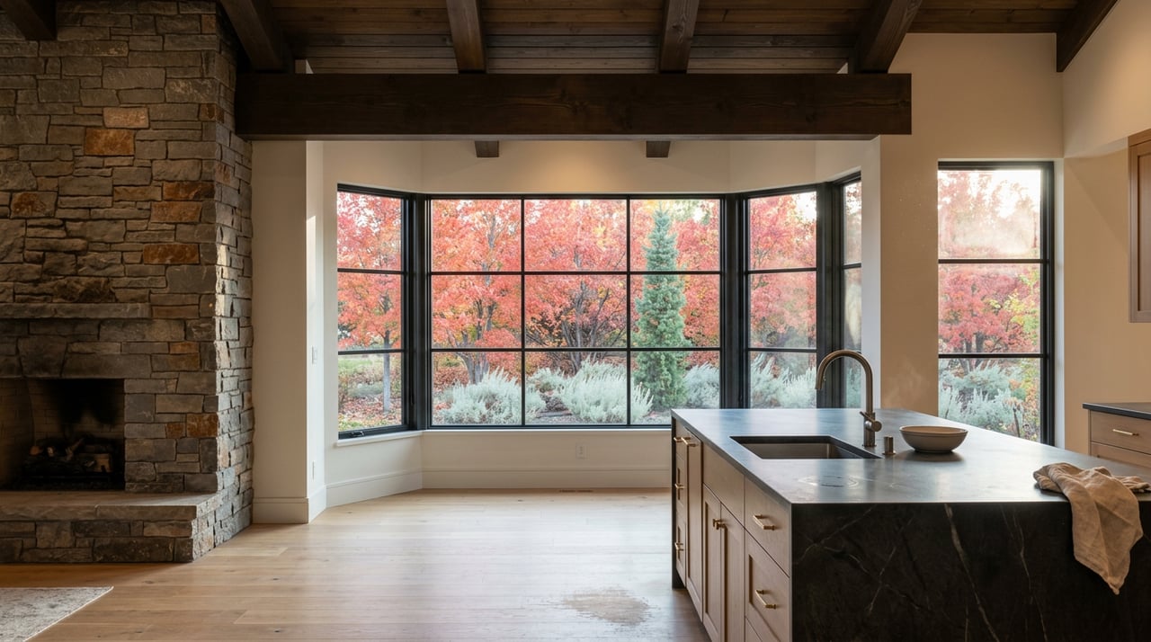 Kitchen with a stone island, timber beams, ledgestone fireplace, and autumn foliage beyond black-framed windows.