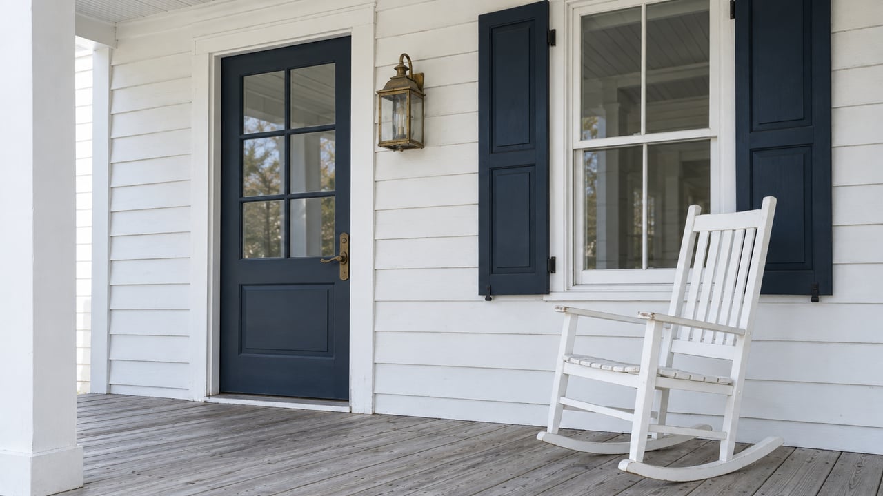 White lap-sided house with a glazed entry door, aged brass lantern, navy window shutters and a white rocking chair on weathered porch boards.