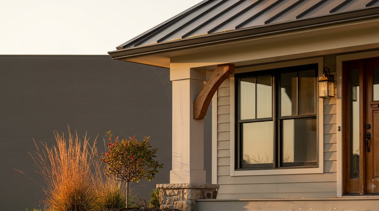 Covered porch corner with a white column, timber brace, black multi-pane window, and copper-colored ornamental grass.