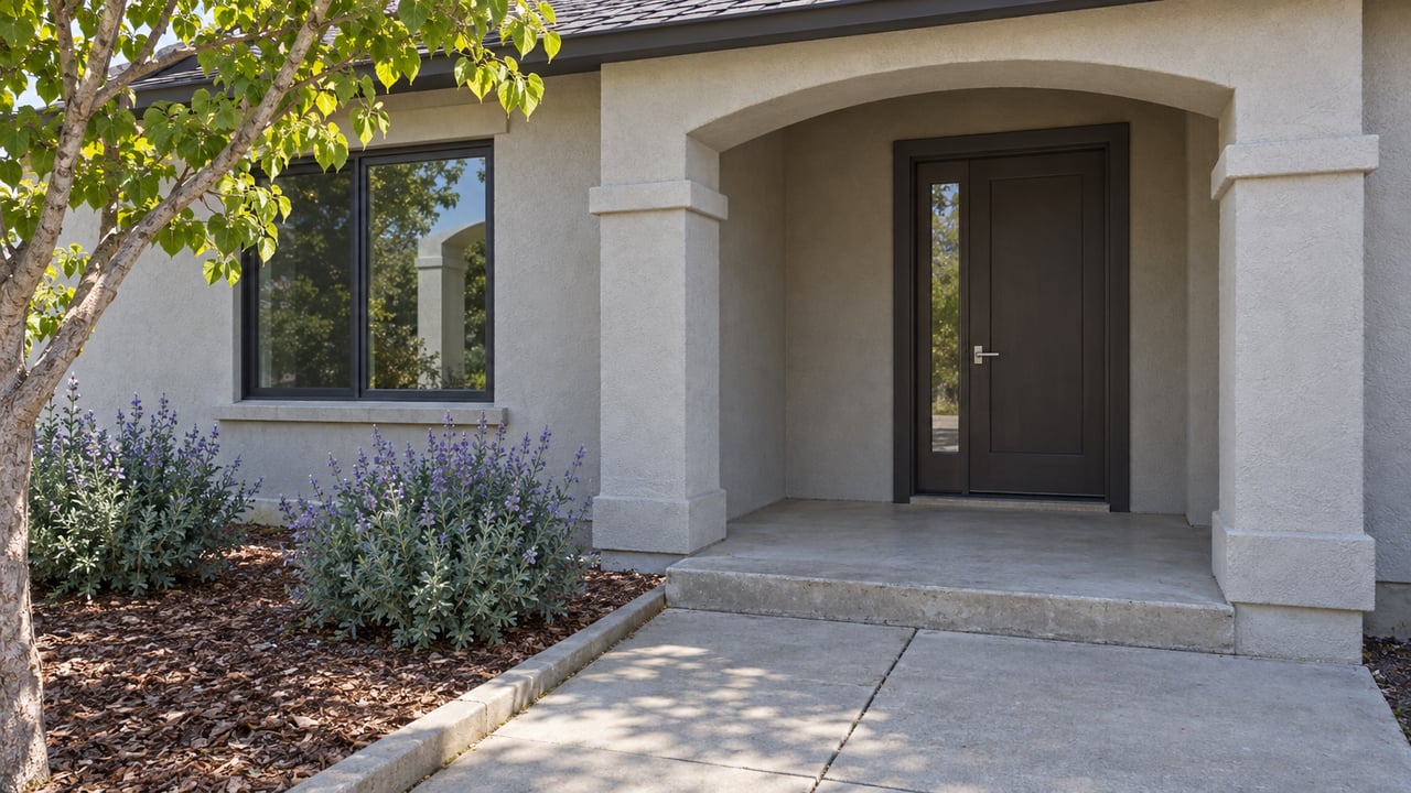 Light stucco home entry with a shallow arch, dark front door, concrete approach, and a western redbud beside a bordered planting bed.