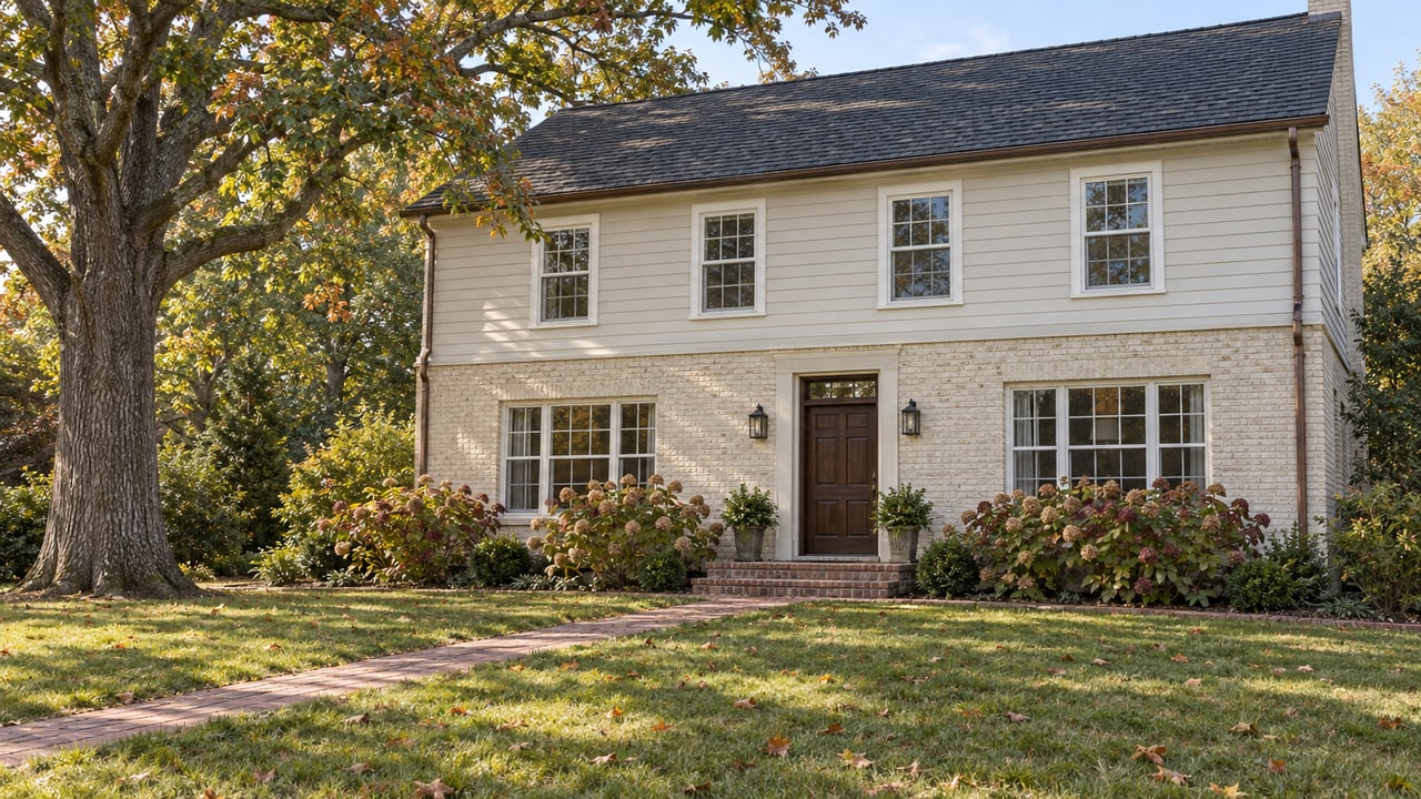 Ivory brick and cream-sided house behind a deep lawn, with a brick front walk, an autumn white oak and oakleaf hydrangeas.