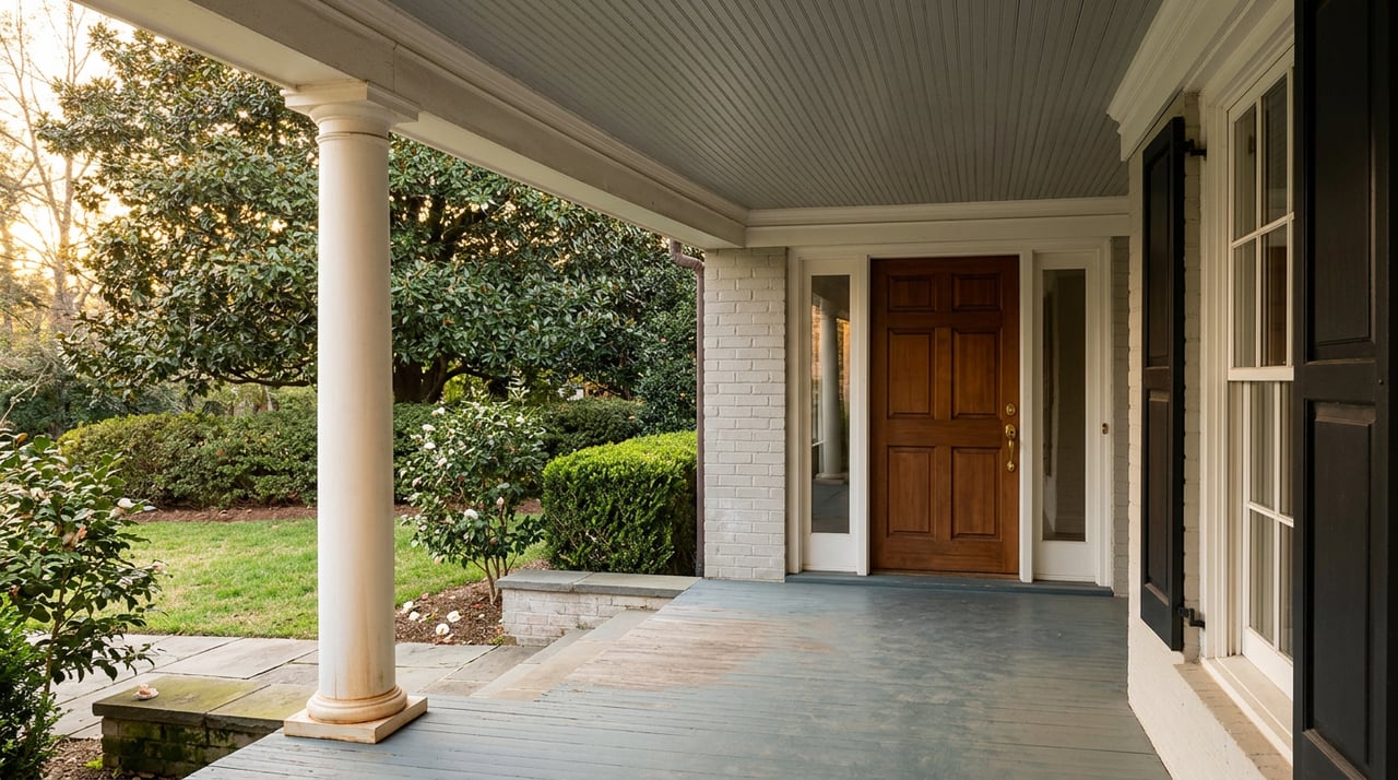 White fluted porch column beside a paneled door, with blue-gray decking, lawn, and magnolia beyond.