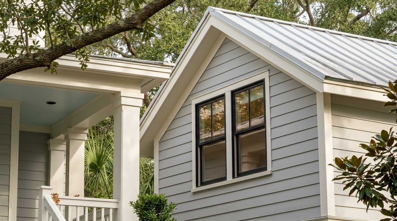 Coastal home’s gray gable, black-framed window, silver roof, and blue porch ceiling under oak branches.