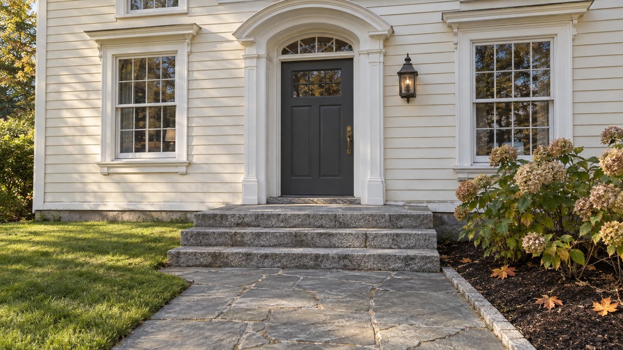 Cream clapboard entrance with an arched door surround, paired sash windows, weathered granite steps and faded hydrangea flowers.