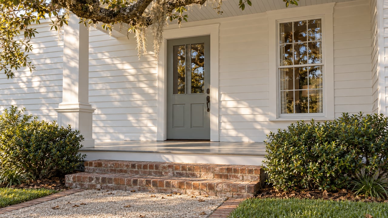 White clapboard porch with a glazed-panel front door, brick steps, and an overhanging oak branch.