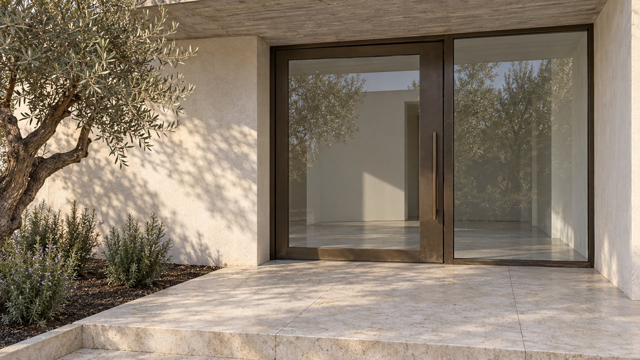 Recessed glass entrance with bronze frames, a concrete canopy, pale limestone steps and a sculptural olive tree.