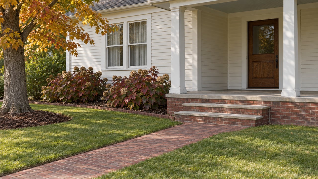 Traditional ivory-sided home with a brick porch, limestone steps and a brick walk crossing a broad autumn lawn.