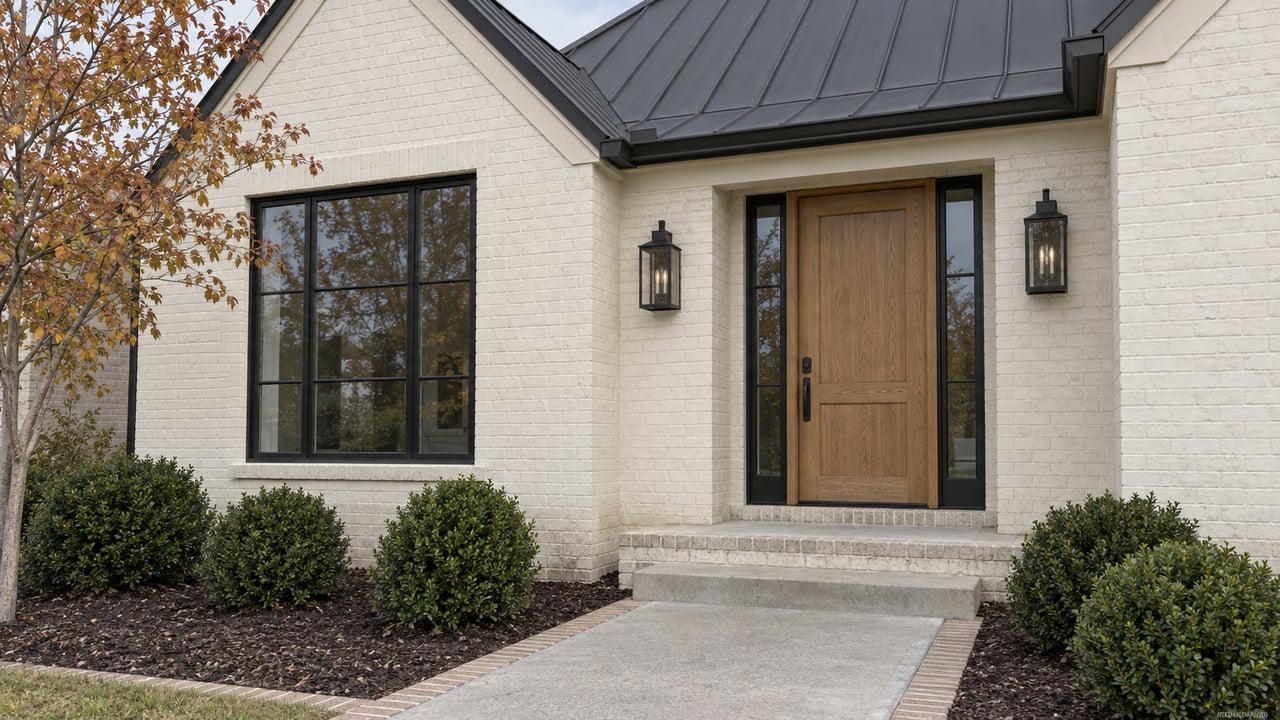 Cream brick gabled home with black-framed windows, an oak entry door and a short concrete approach bordered by clipped inkberry shrubs.