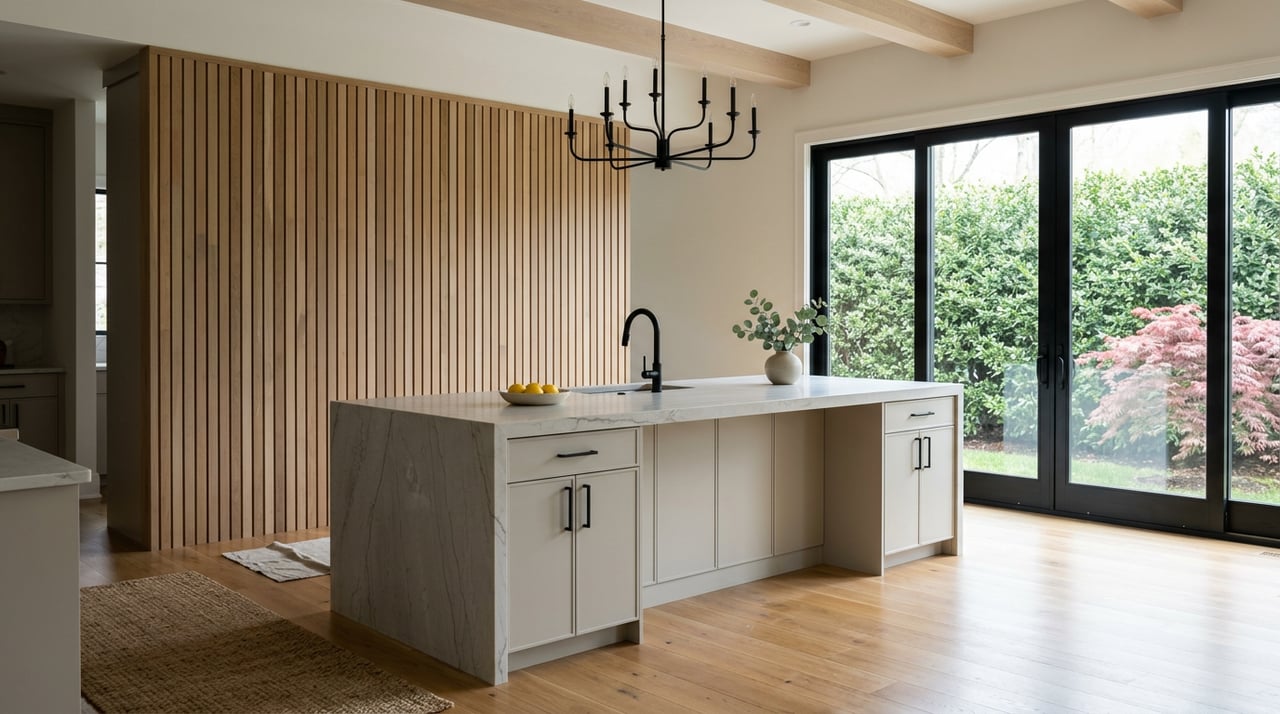 Kitchen with a veined stone island, white oak slat wall, and red Japanese maple visible through glass doors.