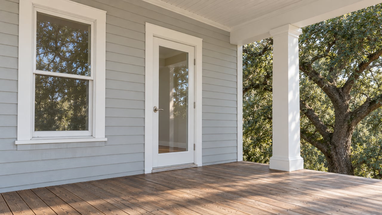Pale-gray siding, a tall sash window and glazed white door meet a weathered wood porch beneath a painted ceiling, with a mature live oak beside the porch.