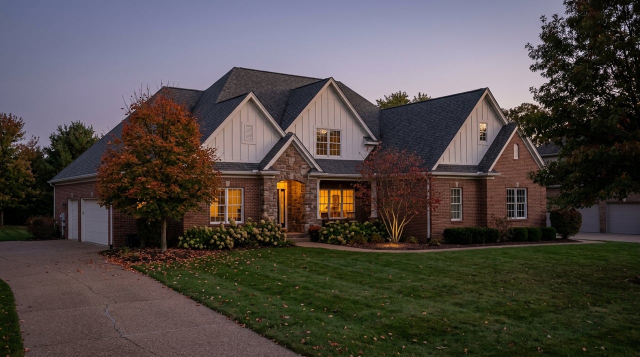 Suburban brick-and-siding home with glowing windows, a curved driveway, lawn, and autumn trees at twilight.