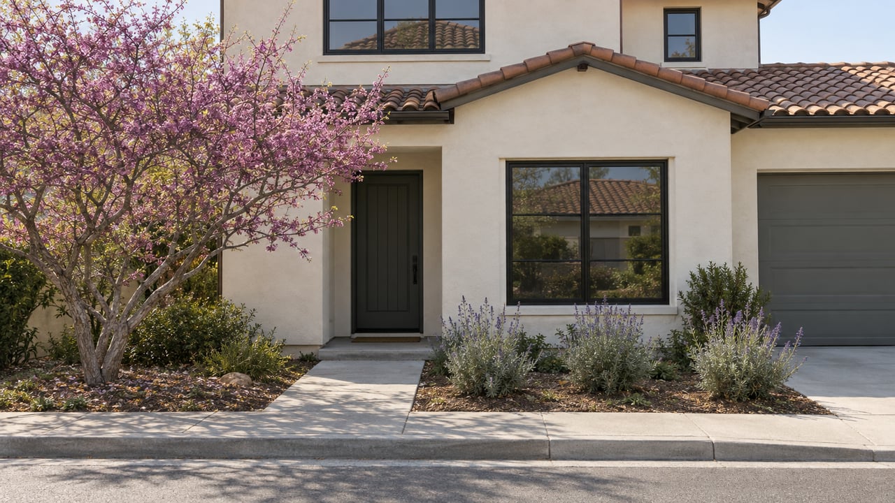 Compact two-story stucco house with a terracotta-tile roof, recessed entry, and a small garden beside the walkway.