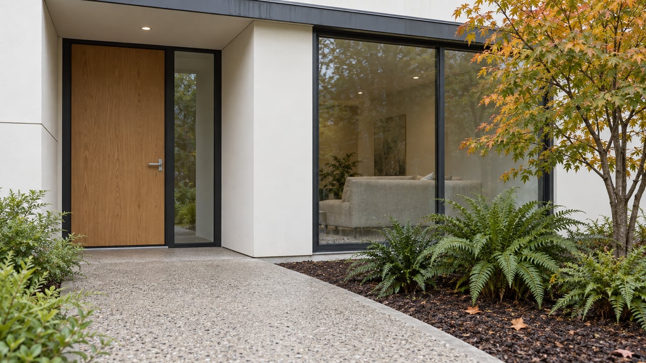 Contemporary white home with a recessed oak entry, dark-framed living-room glazing and a concrete approach beside an autumn vine maple and sword ferns.